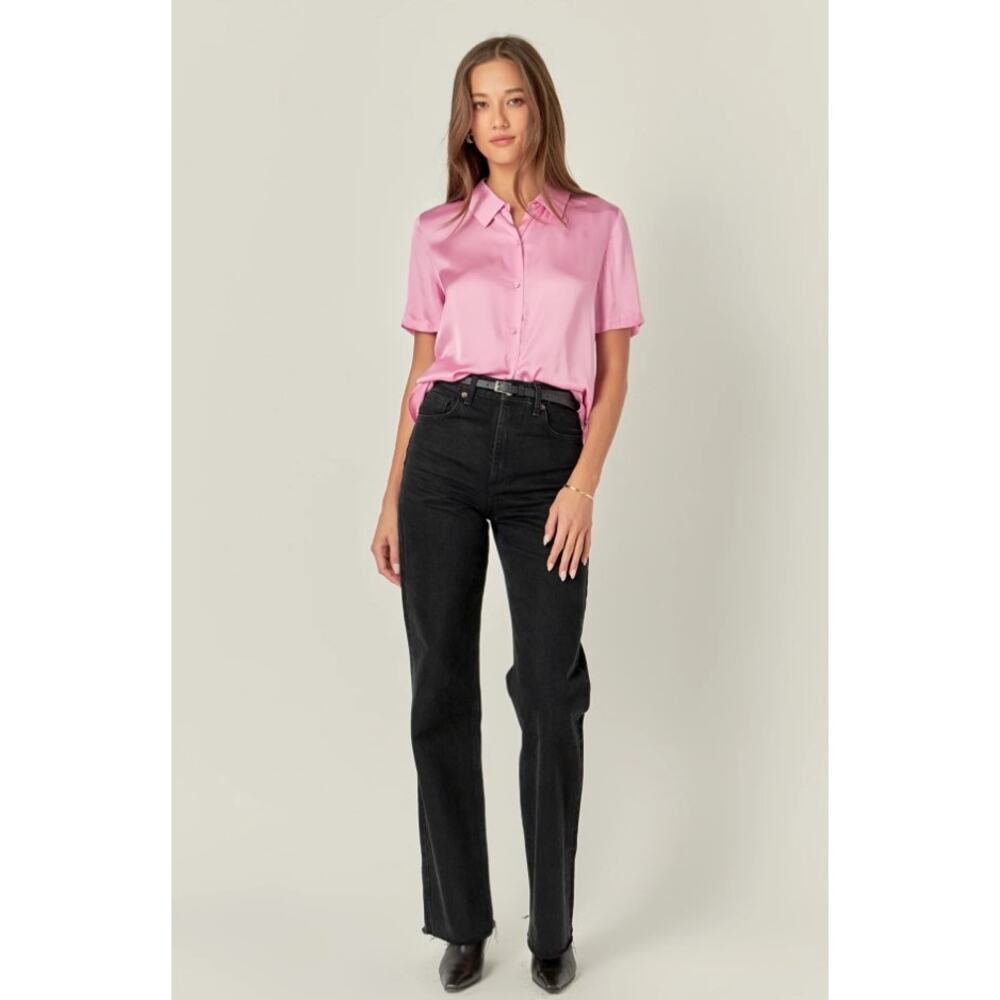 English Factory Short Sleeve Satin Pink Button Down Medium